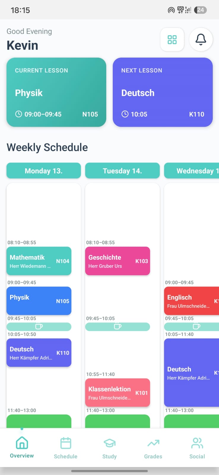 School Companion Übersicht mit aktueller Lektion, nächster Lektion und Wochenplan