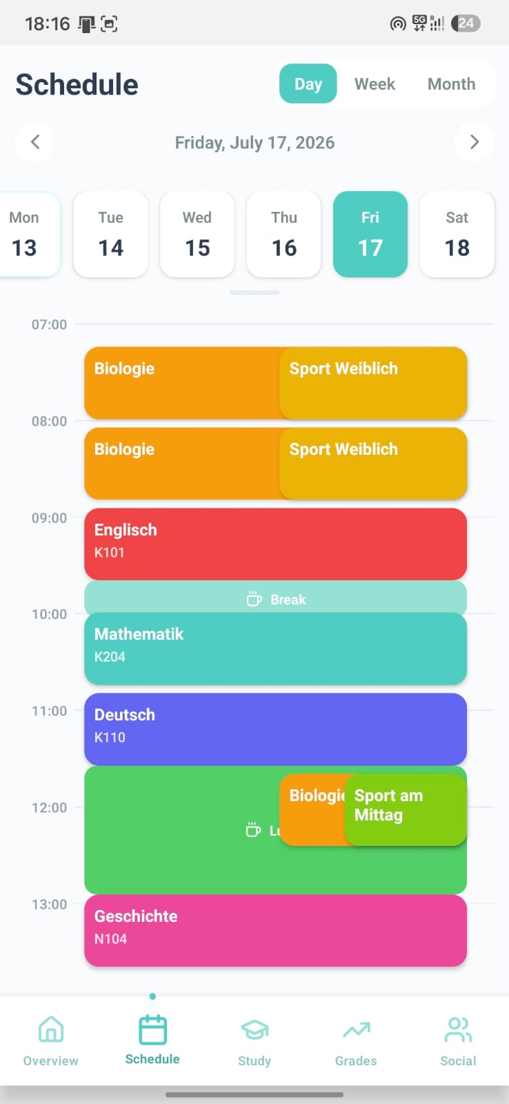 Stundenplan-Ansicht mit farbcodierten Lektionen, Zimmern und Pausen, umschaltbar zwischen Tag, Woche und Monat