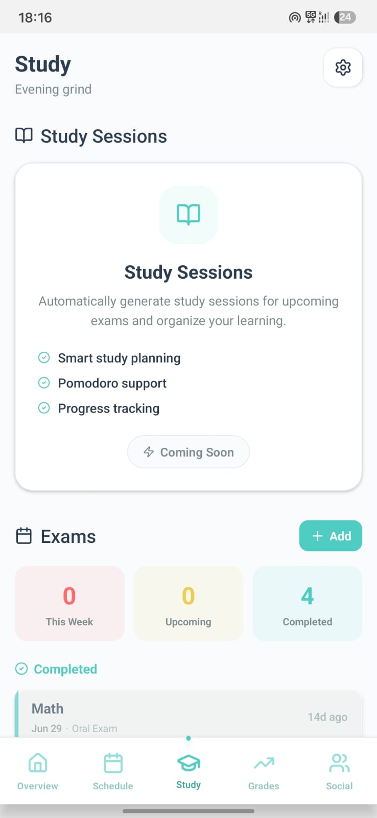 Study-Ansicht mit automatisch generierten Lernsessions und Prüfungsübersicht